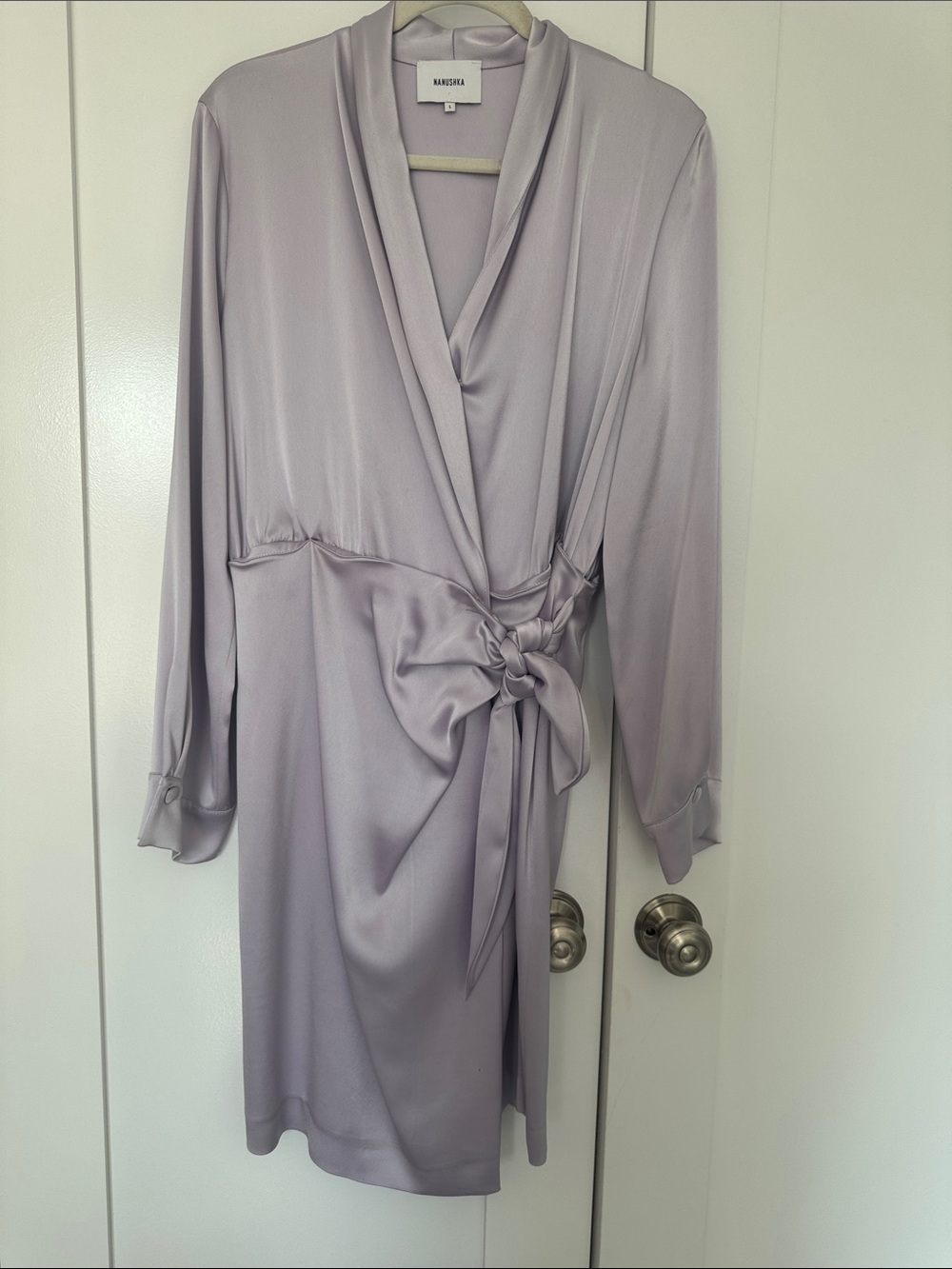 Nanushka Lavender Satin Wrap Robe with Side Knot